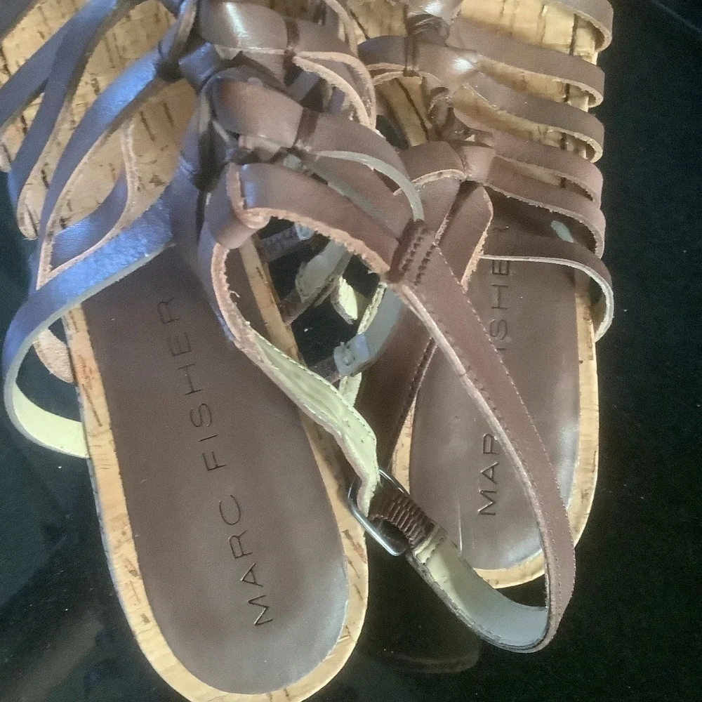 NEW Marc Fisher MFCARNIE Leather Cork Wedge Ankle‎ Strap Sandal Sz 10